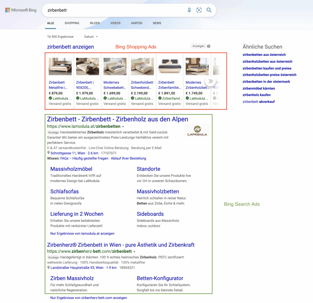 bing-ads-shopping-search-ads Bing Suchergebnisseite: Shopping-Anzeigen in Rot, Suchnetzwerk-Anzeigen in grün