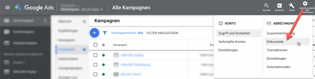 Google Ads Rechnungen herunterladen
