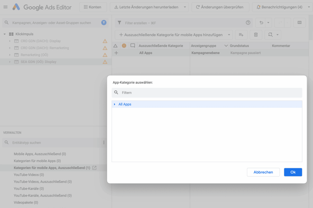 alle app kategorie placements ausschliessen google ads editor
