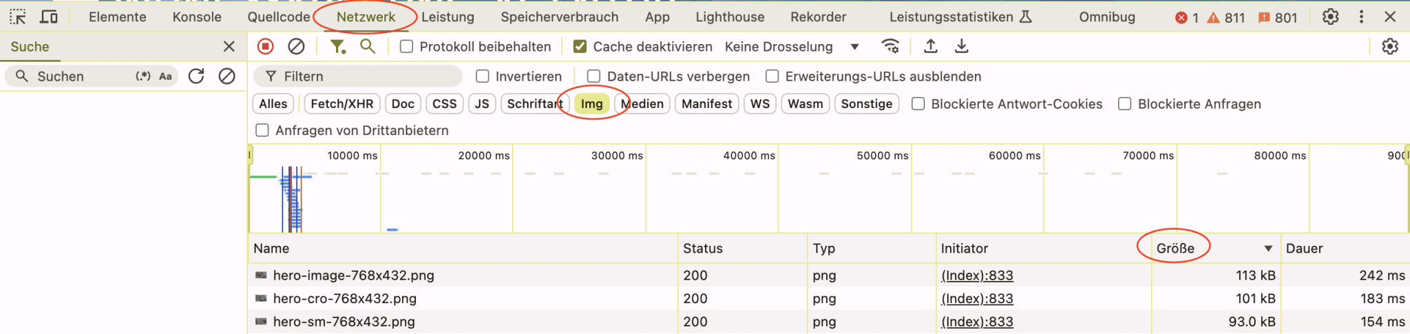Überprüfung der Bildgröße in der Browser-Konsole