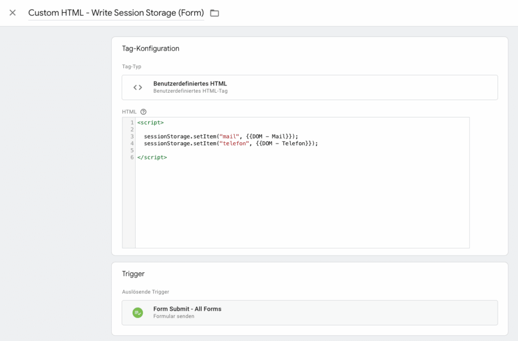 Custom HTML Tag Session Storage