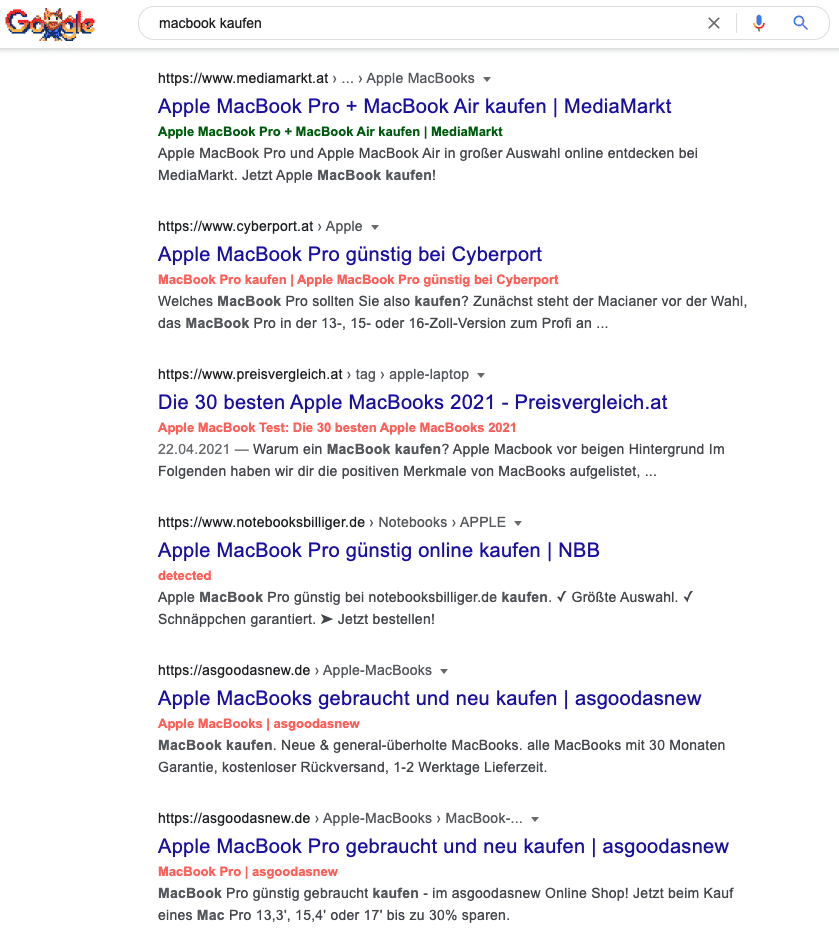 Google SERP für den Begriff "macbook kaufen" mit Seitentitel Überprüfung