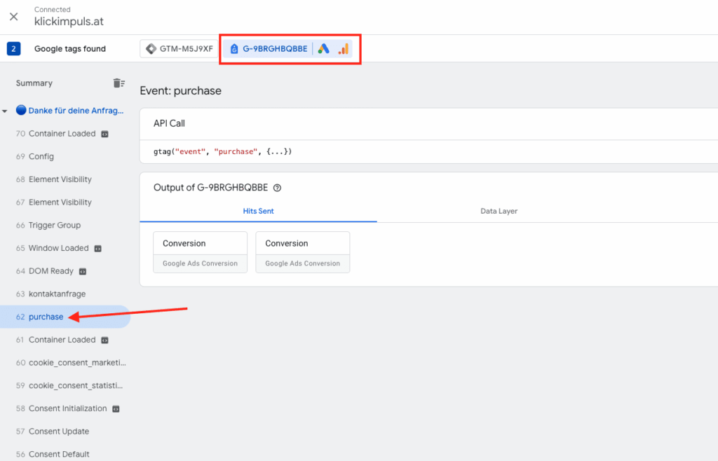 GTM purchase Event für GTag