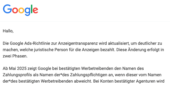 Mail mit Hinweis zur Aktualisierung der Anzeigentransparenz von Google
