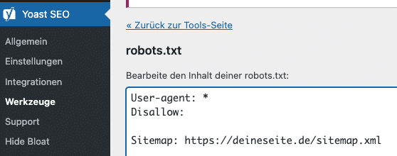 Bearbeitung der robots.txt unter Yoast SEO > Werkzeuge > Datei-Editor