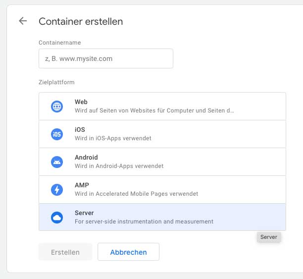 Tag Manager Server erstellen