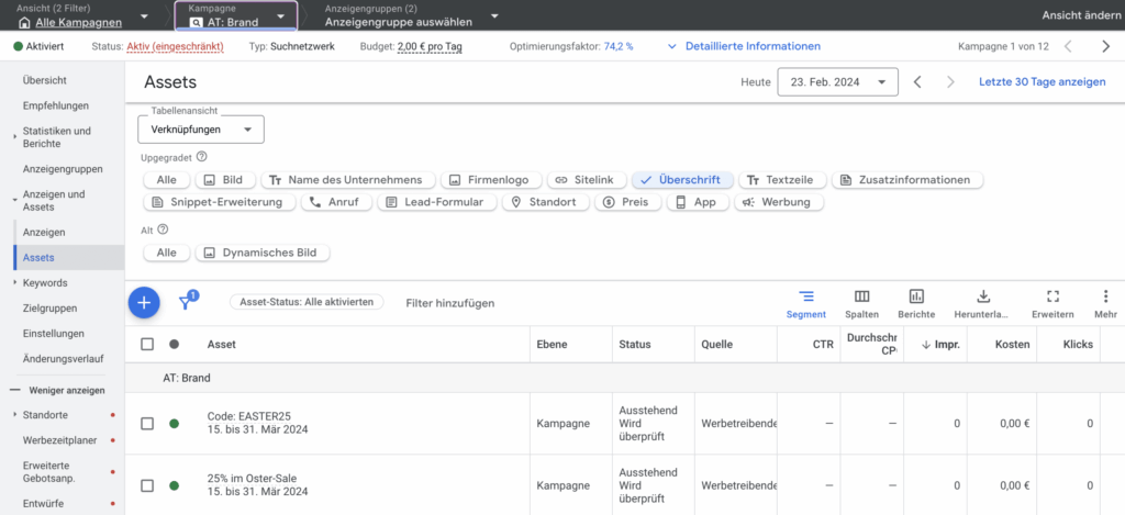 uebersicht ueberschirften im google ads konto