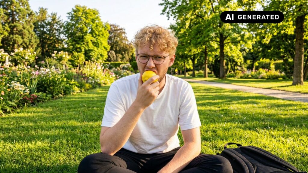 Ein KI generiertes Bild wo Niklas eine Zitrone in einem Park isst