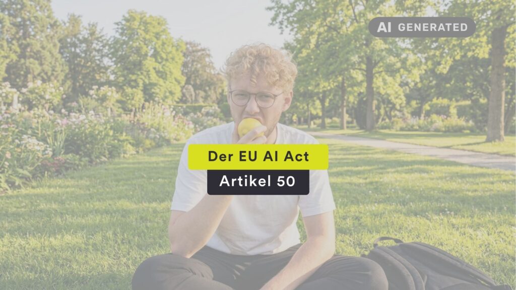 Titelbild zum EU AI Act mit grafischen Überschrift Element "Der EU AI Act Artikel 50" und ein KI generiertes Bild wo Niklas eine Zitrone in einem Park isst